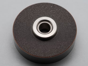 Close-up overhead of a resin bond diamond grinding wheel, smooth dark resin matrix surface with fine diamond grit visible, precision-ground wheel edge, studio lighting on neutral gray background