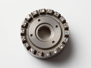 Top-down macro photo of a vitrified bond diamond grinding wheel, porous open-structure ceramic bond visible between diamond grains, precision wheel face, clean white studio lighting