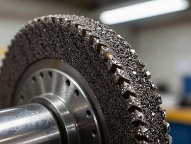 Close-up of a metal bond diamond grinding wheel edge under bright shop lighting, aggressive grain protrusion visible, dark metallic bond matrix, industrial setting