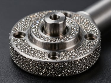 Macro close-up of a metal bond diamond grinding wheel rim, sintered metal matrix with exposed diamond crystals, industrial metallic sheen, directional studio lighting on dark background