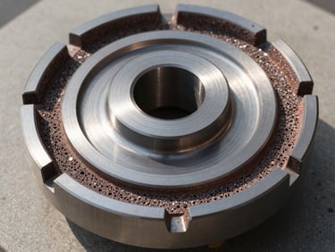 Overhead technical photograph of a vitrified bond diamond grinding wheel, open porous structure visible in cross-section under bright daylight, precision optical-quality finish