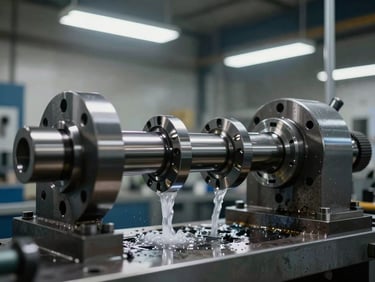 Wide environmental shot of an automotive camshaft being cylindrically ground in a production cell, coolant stream visible, precision chuck holding the shaft, crisp industrial lighting from overhead