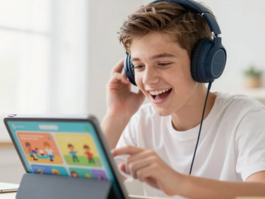 A teenager laughing while wearing headphones, interacting with a tablet showing colorful educational graphics, bright natural light with subtle screen glow, 35mm.