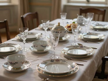 Gros plan sur une table de banquet dressée dans un château normand, vaisselle en porcelaine fine, verres en cristal captant une lumière ciselée et douce, détails de lin brut.