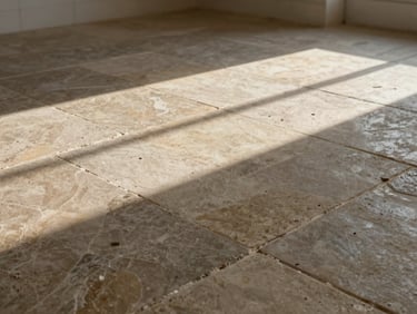 Wide shot of a room with natural stone floor tiles showing grout joints and material variation, afternoon light raking across the surface to reveal texture