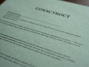 Tight macro detail of a high-quality printed commercial contract on a heavy paper stock, soft overcast British daylight, muted forest green tones, editorial film photography.