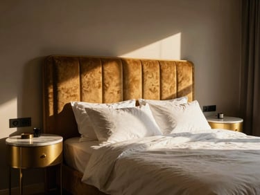 A hotel-grade master bedroom sanctuary, dramatic warm lighting, plush velvet headboard, gold accents, marble side tables, soft shadows