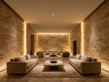 An expansive double-height living hall in Riyadh, warm architectural cove lighting, limestone walls, minimalist luxury furniture
