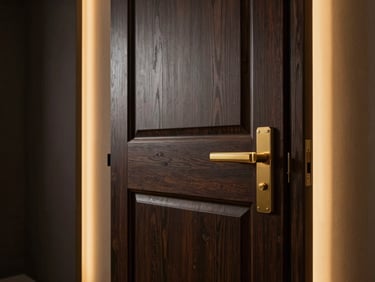 A heavy custom-crafted pivot door, dark stained oak, integrated gold handle, dramatic architectural lighting