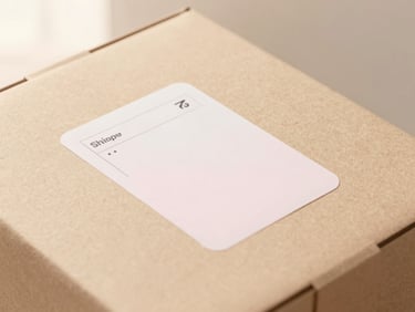 Stylized package with a shipping label on a warm beige surface, soft morning daylight, minimalist composition.