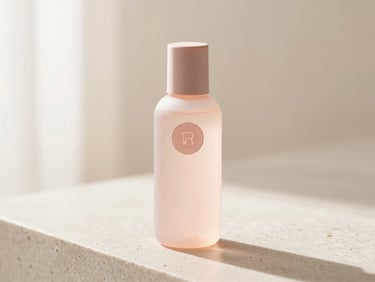 Clean product bottle with an authenticity seal on a smooth stone surface, soft morning daylight, shallow depth of field.
