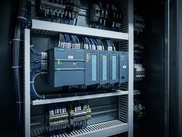 Macro shot of a clean Siemens PLC cabinet with organized blue and gray wiring, industrial labeling, glowing status LEDs, sharp high-contrast technical lighting