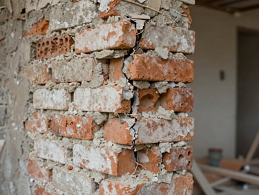 Overcast daylight, detail shot of cracked mortar joint between aged bricks during active renovation, surrounding masonry partially exposed, dust and loose material visible, documentary framing, no people, no staged props