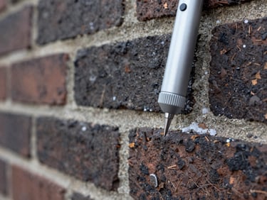 Extreme close-up, wide panoramic frame — a professional moisture meter probe pressed against a dark-stained brick wall surface, overcast north-facing daylight, salt efflorescence crystals visible in the background mortar joints, shallow depth of field isolating the instrument tip against the degraded masonry, no human face, no styled staging