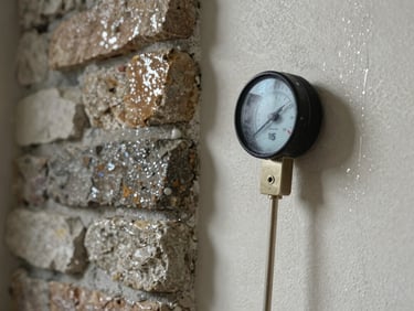 Overcast daylight, moisture meter probe pressed flat against a damp interior masonry wall, analog display visible, condensation visible on plaster surface nearby, neutral background, tight environmental frame showing tool in context