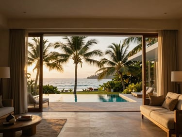 Interior of a modern open-air tropical living room opening to a private swimming pool, warm sandy gold accents