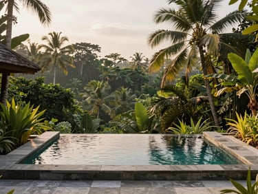 Boutique stone villa pool surrounded by lush tropical jungle foliage in Ubud, soft morning light, 35mm