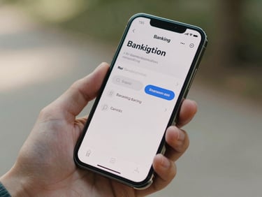 Close-up of a hand holding a mobile phone displaying a clean banking notification under bright, natural daylight.