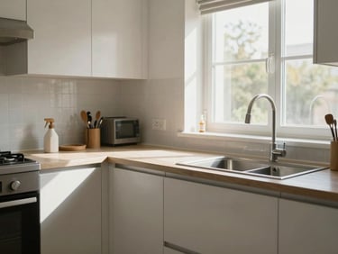 Medium shot of a clean, modest kitchen undergoing a DIY repair, bright daylight streaming through a window.