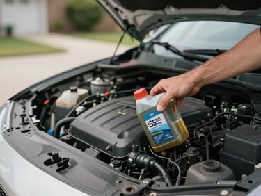 Close-up of a popped car hood in a bright driveway, natural daylight, focusing on a hand checking the engine oil.