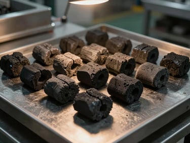 Close-up of BBQ charcoal briquettes on a dark steel weighing table in a production facility, amber tungsten overhead light casting hard shadows across the uniform pillow-shaped pieces mid-quality-check