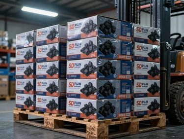 Stacked branded retail cartons of OEM-packaged charcoal briquettes on a warehouse pallet under cold fluorescent and tungsten mixed lighting, custom label artwork visible on the face of each box, forklift tines partially visible at frame edge
