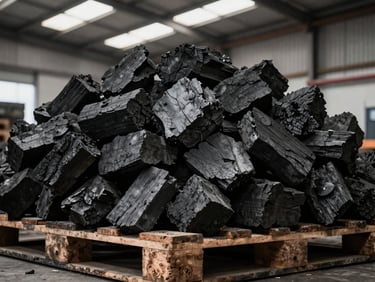 Wide overhead shot of irregular hardwood lump charcoal pieces in a bulk pallet crate inside a warehouse, natural daylight from industrial skylights revealing the raw fractured surfaces and deep black coloration