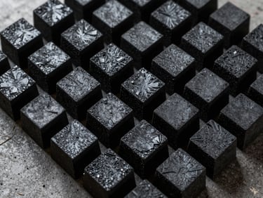 Close-up overhead shot of uniform cube-shaped coconut charcoal briquettes arranged in a dense grid on a dark concrete surface, tungsten side lighting accentuating the sharp edges and matte black surface texture