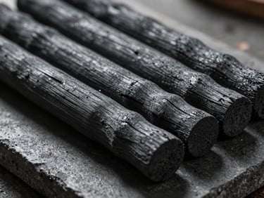 Side-lit close-up of finger-shaped coconut charcoal briquettes stacked in parallel rows on a dark concrete slab, tungsten factory light emphasising the cylindrical form and matte charcoal surface