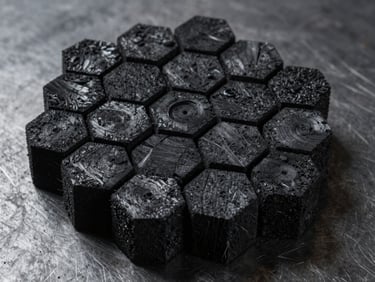 Overhead close-up of hexagonal coconut charcoal briquettes in a precise honeycomb arrangement on a dark steel surface, industrial tungsten lighting highlighting the six-sided geometry and consistent black texture
