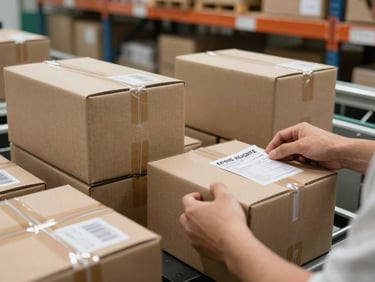 Factory packing line showing branded carton boxes being sealed and stacked, worker hands visible applying export labels, tungsten overhead lighting, organised warehouse shelving in background