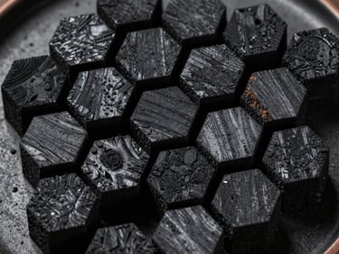 Close-up overhead of hexagonal coconut charcoal briquettes arranged tightly on a dark industrial surface, tungsten light catching angular edges, deep charcoal black with slight surface texture visible