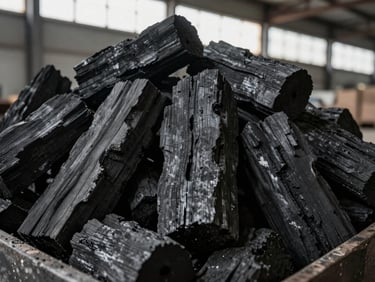Wide close-up of irregular hardwood lump charcoal pieces stacked in a factory warehouse bin, natural light from high windows, deep black and dark grey tones, visible wood grain texture on broken surfaces