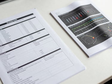 Close-up overhead of a strategy audit document spread on a white desk, digital channel printout beside a print brochure mockup, annotations visible, north-light, clean and documentary