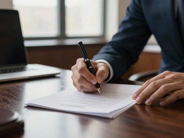 Close-up of legal documents being signed on a dark mahogany desk, dramatic office window light, shallow depth of field.