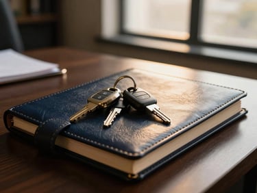 A set of luxury car keys resting on an executive leather-bound planner, warm gold key lights, professional office setting.