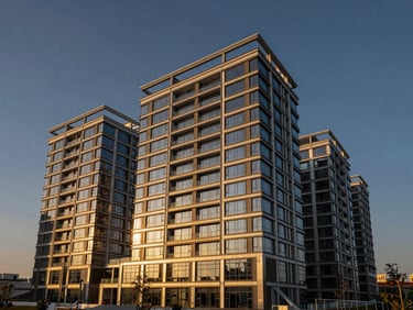 Professional real estate finance and development project under twilight sky, clean steel structure.