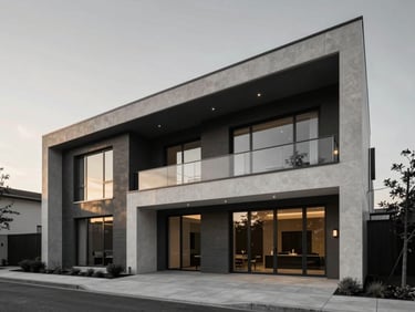 Grayscale architectural photography of a luxury modern home facade with clean geometric lines.