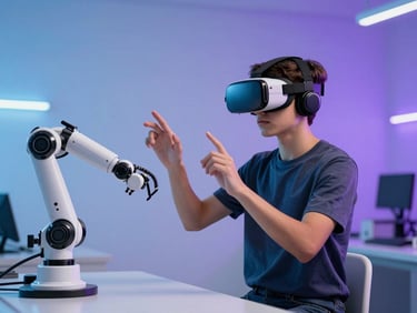 Diverse teenager in a virtual reality headset interacting with a simulated robotic arm in a futuristic lab, clean studio lighting, blue and violet ambient glows, high-tech minimalist aesthetic.