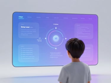 Futuristic interface showing an AI tutor guiding a student through complex concepts, clean studio lighting, blue and violet ambient glows, high-tech minimalist aesthetic.