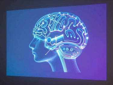 Holographic projection of a student's cognitive profile, showing learning patterns and progress, secure data representation, bright studio lighting, blue and violet ambient glows.