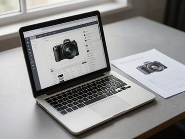Product interface displayed on a laptop screen, wireframe annotations visible on a printed sheet beside it, overhead shot on a minimal desk under diffused window light