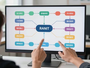 Strategic content diagram mapped on a large monitor, color-coded nodes and flow lines connecting content pillars, hands pointing at the screen from below, clean daylight workspace