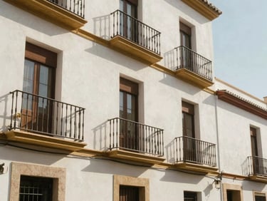 A sun-drenched Spanish balcony overlooking a quiet historic street, warm afternoon light, editorial architecture photography.