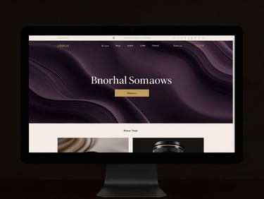 Stylized website wireframe on a monitor, reflecting a luxurious, modern design, subtle gold accents, cinematic dark