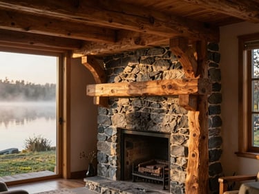 Interior shot of a renovated cottage featuring rich natural wood beams and slate stone fireplace, golden hour light.