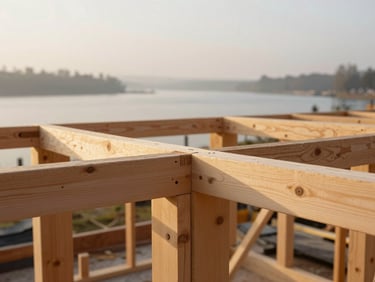 Close-up of precise heavy timber wood joinery on a construction site, overcast daylight highlighting natural wood grain.