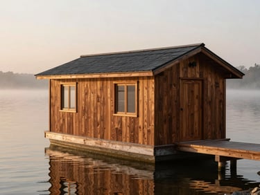Custom boathouse reflecting on calm water at golden hour, rich walnut brown tones, shallow depth of field.
