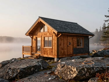 Wide environmental shot of a modern timber-frame cottage integrated into Canadian Shield rock, misty morning light, 35mm.