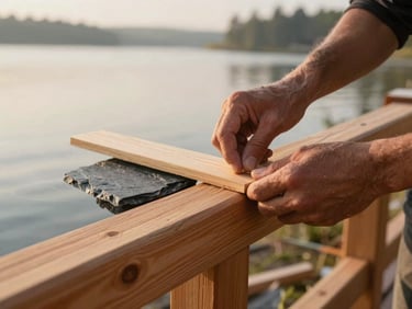Close-up of a carpenter's hands working on precise exterior wood trim, natural slate and wood textures, 35mm.